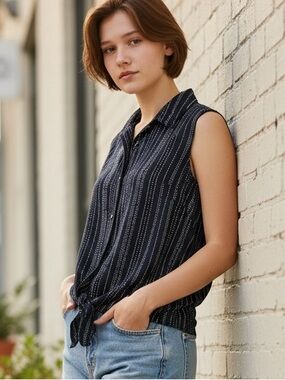 Adrianna Papell Navy and White Striped Blouse
